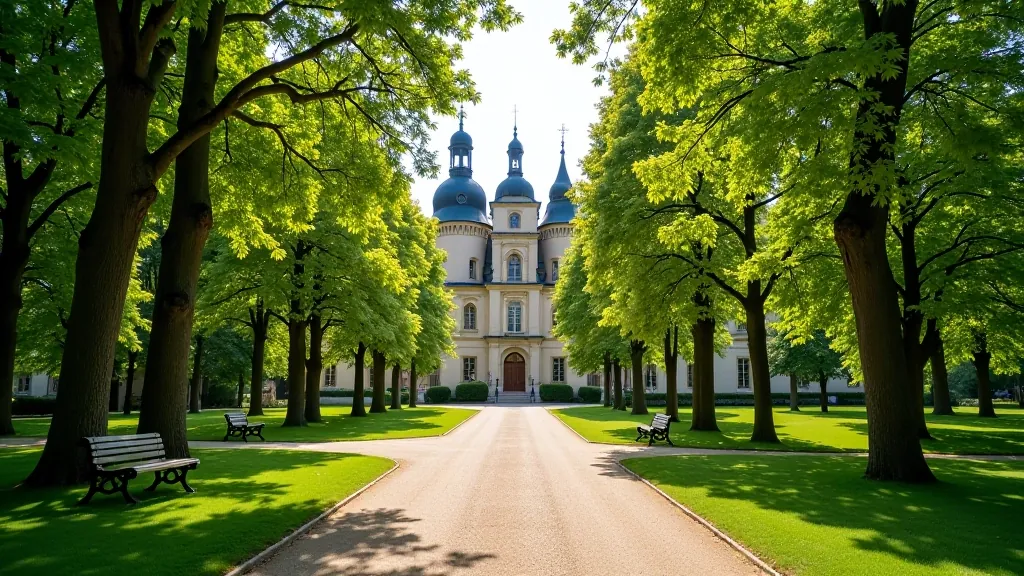 Krásný historický zámecký park se stromy a lavičkami