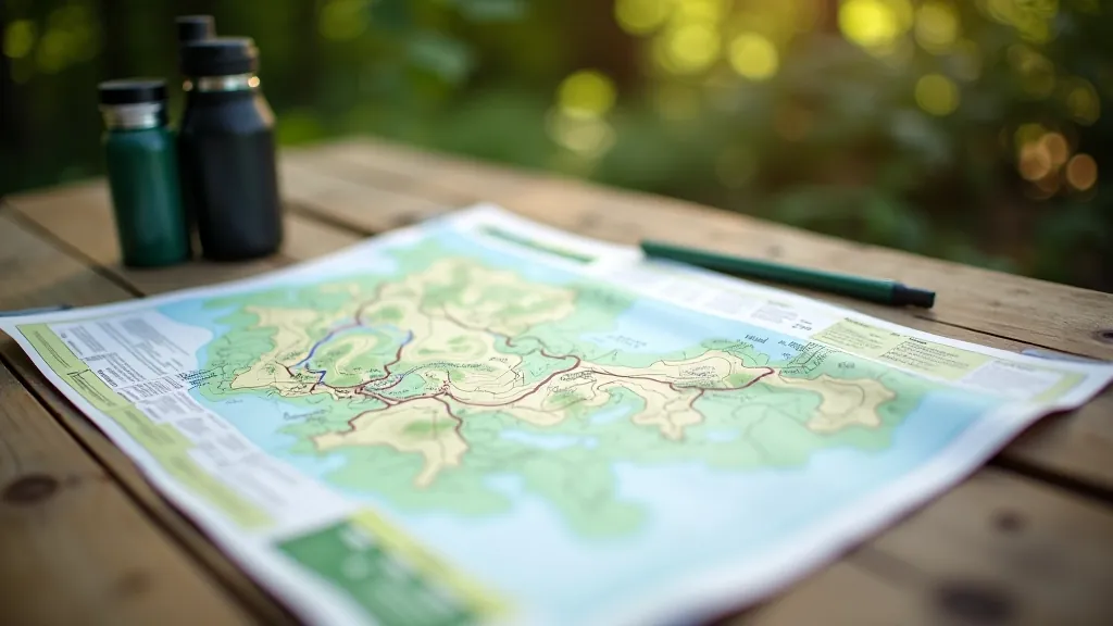 Mapa parku s vyznačenými trasami a odpočívadly, která leží na stole vedle mapy