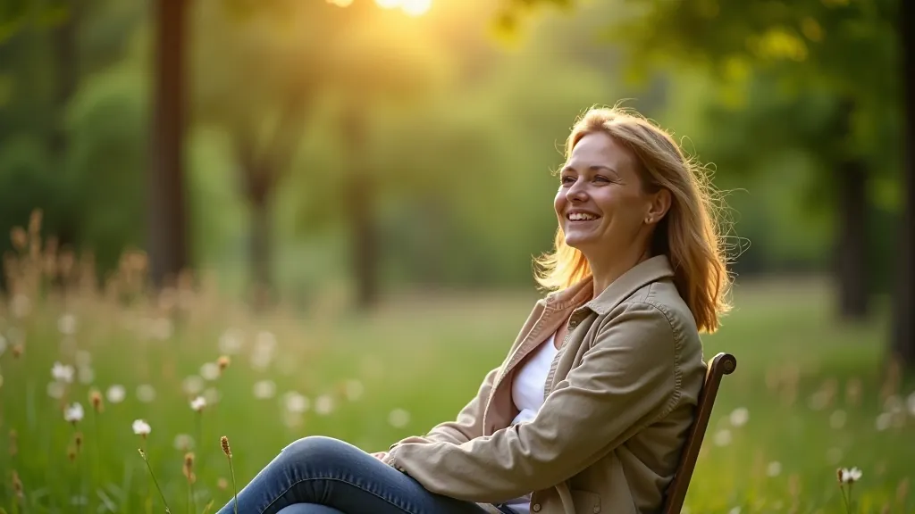 Žena sedící na lavičce v parku s pohledem do krajiny, relaxované tělo