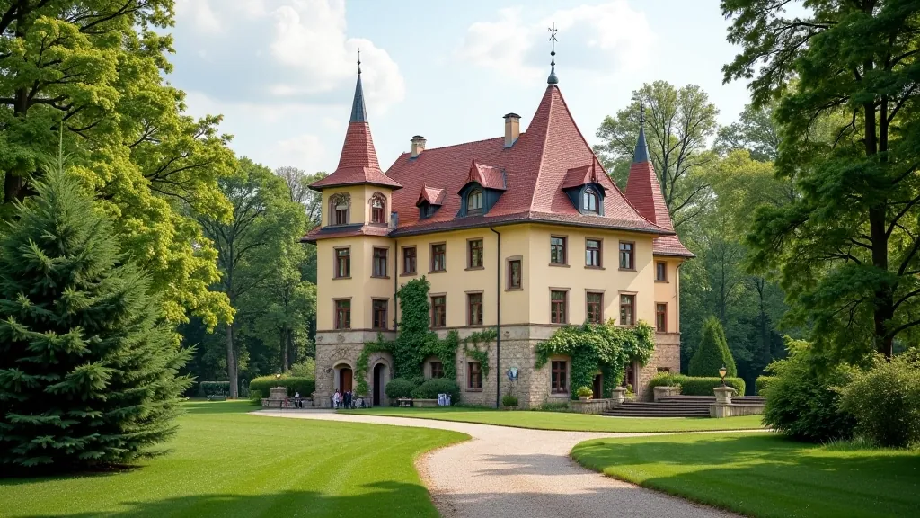 Historická architektura zámecké budovy s parkem a stromy