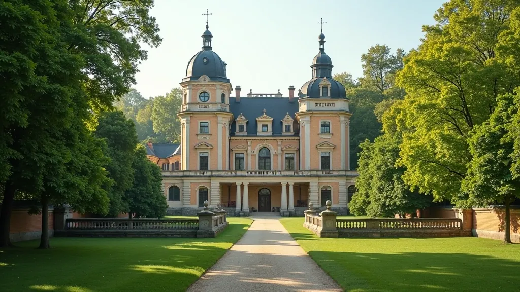 Historický Zlínský zámecký park se středověkým zámkem obklopeným zelenými parkovými plochami a stromořadím