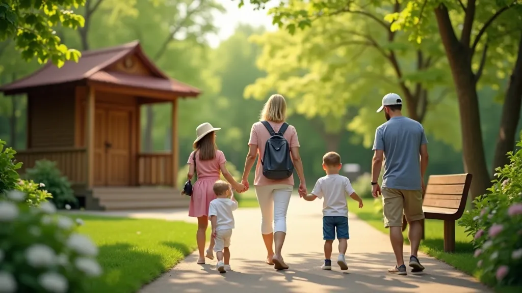 Výhled na park s pavilony a odpočívadly pro návštěvníky zoo