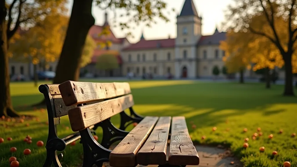 Pohodlné lavičky v Zlínském parku s výhledem na historické stavby, ideální místo pro odpočinek